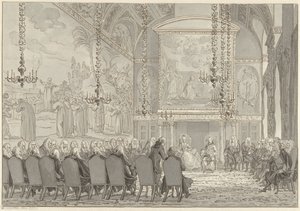 Reception of Prince William V and Wilhelmina of Prussia in the Council Chamber of the Town Hall of Amsterdam by Reinier Vinkeles (I)