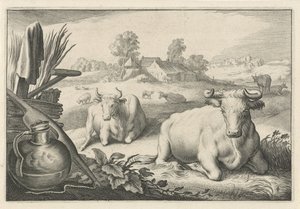 Meadow with Two Lying Cows (Diversa Animalia Quadrupedia) (series title) by Reinier van Persijn