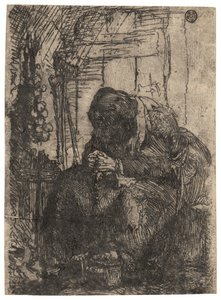 Old Woman Seated in a Cottage with a String of Onions on the Wall by Rembrandt Harmensz. van Rijn