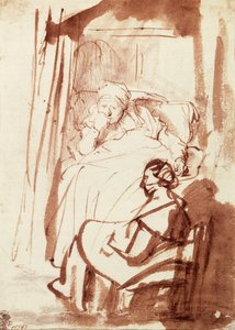 Saskia Lying in Bed, a Woman Sitting at Her Feet by Rembrandt Harmensz. van Rijn
