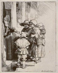 Beggars receiving alms at the door of a house, 1648
