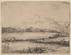 Canal with an Angler and Two Swans by Rembrandt van Rijn
