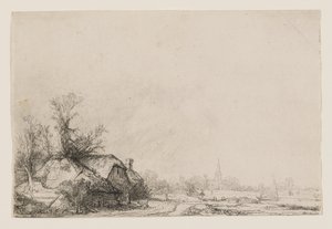 Cottages beside a Canal with a Church and Sailing Boat by Rembrandt van Rijn