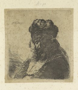Bearded Old Man with High Fur Hat and Closed Eyes by Rembrandt van Rijn