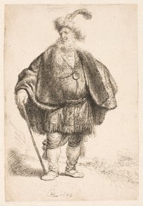 Man Standing in Oriental Costume and Plumed Fur Cap