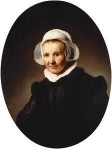 Portrait of a Lady, aged 62, perhaps Aeltje Pietersdr. Uylenburgh, wife of Johannes Cornelisz. Sylvius, half length in black costume by Rembrandt van Rijn