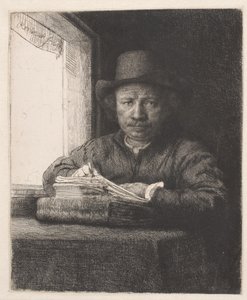 Rembrandt drawing at a window by Rembrandt van Rijn
