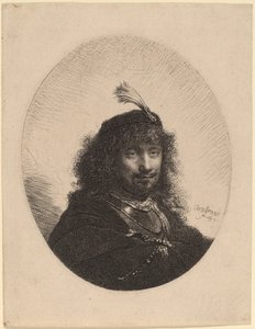 Self-Portrait with Plumed Cap and Lowered Sabre by Rembrandt van Rijn