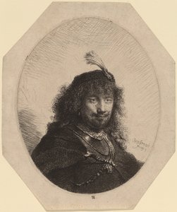 Self-Portrait with Plumed Cap and Lowered Sabre by Rembrandt van Rijn
