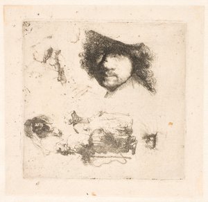 Sheet of Studies: Head of Rembrandt, Beggar Couple, Heads of Old Man and Old Woman, etc. by Rembrandt van Rijn