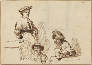 Sketches from a Tavern: Woman Standing and Two Men Seated by Rembrandt van Rijn