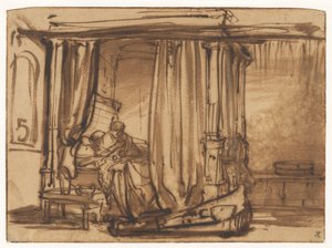 Bedroom with Saskia Sitting in a Canopy Bed by Rembrandt van Rijn