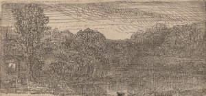 Small Gray Landscape: a House and Trees beside a Pool by Rembrandt van Rijn