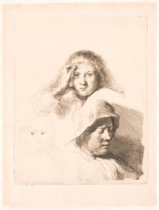 Three Heads of Women, One Lightly Etched