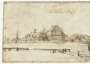 Winter View with a Waterway, Cottages and Two Boats