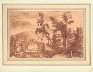 A Mountainous Landscape with a Bridge Over a River, Figures on a Road by a Farmstead to the Right by Remigio Cantagallina