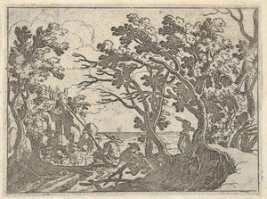 Landscape with onshore fisherman and male onlooker under trees, a man in a boat bow by Remigio Cantagallina