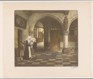 Nun in a Cloister Hall with a Flower Vase