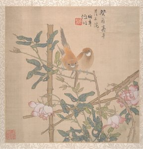 Two Birds Perched on a Flowering Rose Bush by Ren Yi