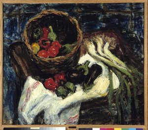 Still Life in Vegetable Basket: Peppers, Eggplant and Leeks