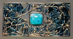 Eagle among the pines, gold, opal and enamel necklace pendant