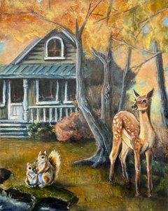 Autumn Deer and Squirrels by Renee Machan Cottagecore Artist