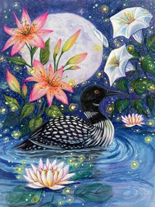 Moonlit Loon and Lilies