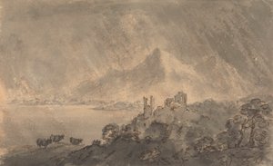 Castle above a Lake with Distant Mountain under Stormy Sky
