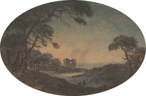 Landscape with Two Men and a Castle Ruin on the Riverbank by Rev. William Gilpin