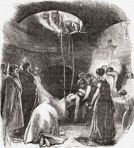 An early Christian burial in The Catacombs of Rome, Italy. From Italian Pictures by Rev. Samuel Manning, published c.1890. by Reverend Samuel Manning