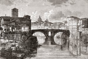 The Pons Fabricius, or Ponte dei Quattro Capi, and Tiber Island, Rome, Italy in the late 19th century. From Italian Pictures by Rev. Samuel Manning, published c.1890. by Reverend Samuel Manning