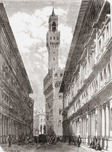 The Uffizi, the Palazzo Vecchio and statuary in Piazza della Signoria, Florence, Italy in the late 19th century by Reverend Samuel Manning