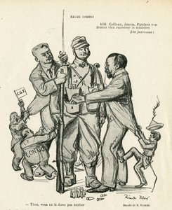 Illustration of Ricardo Flores (1878-1918) in Le Rire, 21/06/13 - Sales kidses - Army, Military Service, Socialism - Jaures Jean, Caillaux Joseph (1863-1944), Painleve Paul (1863-1933) by Ricardo Flores