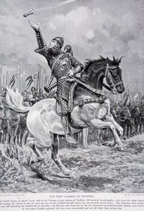 The first charge at Hastings: Taillefer the minstrel sword-juggler rode from the ranks singing and tossing his sword in the air, 1066, illustration from 