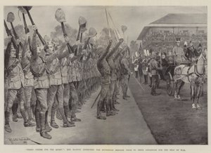 Three Cheers for the Queen!, Her Majesty Inspecting the Household Brigade Prior to their Departure for the Seat of War by Richard Caton Woodville junior