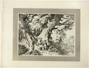 Old Trees with Old Man, a Girl, and a Dog