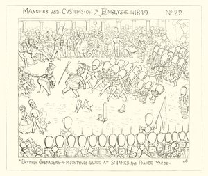 British Grenadiers mounting guard at St Jamess Palace Yard (1849) by Richard Doyle