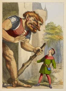 Jack looking up at a giant who has two heads. The giant is Welsh. Colour illustration in a children