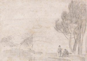 Ruined Temple of Minerva?, Two Figures on River Bank by Richard Wilson