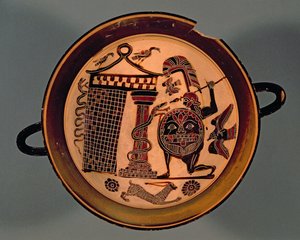 Laconian black-figure cup depicting a warrior attacking a snake