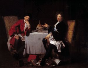 Two epicureans. Two philosophers talking at a table by Robert (attr. to) Tournieres