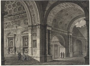 Architectural Fantasy of the Interior of an Ancient Building with Partially Ruined Vaults