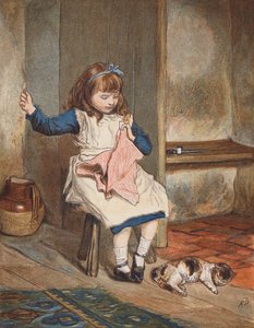 Girl sewing with cat at her feet by Robert Barnes