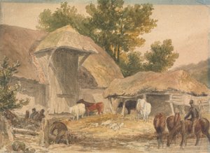 Farmyard with Horses Waiting by Robert Hills