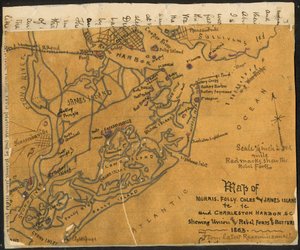 Map of Morris, Folly, Coles and James Islands and Charleston Harbor S.C. showing Union and Rebel Forts and Batteries, 1864