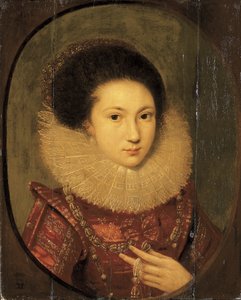 Portrait of a Girl, Bust-Length, in a Scarlet Embroidered Dress and Lace Collar by Robert Peake