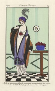 White Charmeuse Dress with Violet Silk Muslin Tunic Embroidered in Green and Trimmed with Skunks. Etruscan Velvet Coat, from Costumes Parisiens, Published 1913