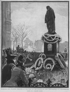Laying wreaths at the foot of the statue of English statesman Benjamin Disraeli on Primrose Day, the anniversary of his death, Westminster, London