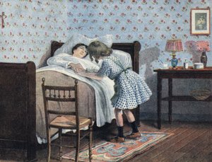 A little girl at the bedside of her sick mother awaits her war. Illustration by Robert Salles (1871-1929) in 