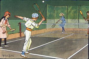 Lawn tennis. Engraving in "What are we playing?" by E. Weber with watercolour drawings by Robert Salles. Librairie Garnier Freres, Paris